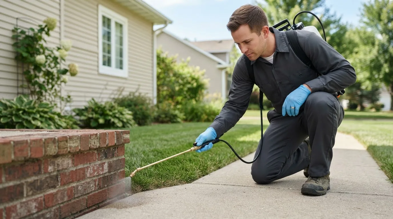 Pest control technician treating a home near Milford Center, OH