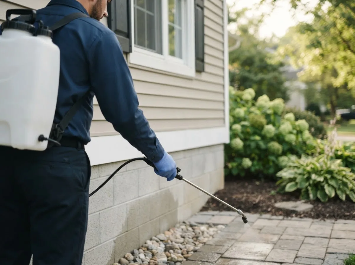 Pest control technician inspecting a home in Milford Center, OH